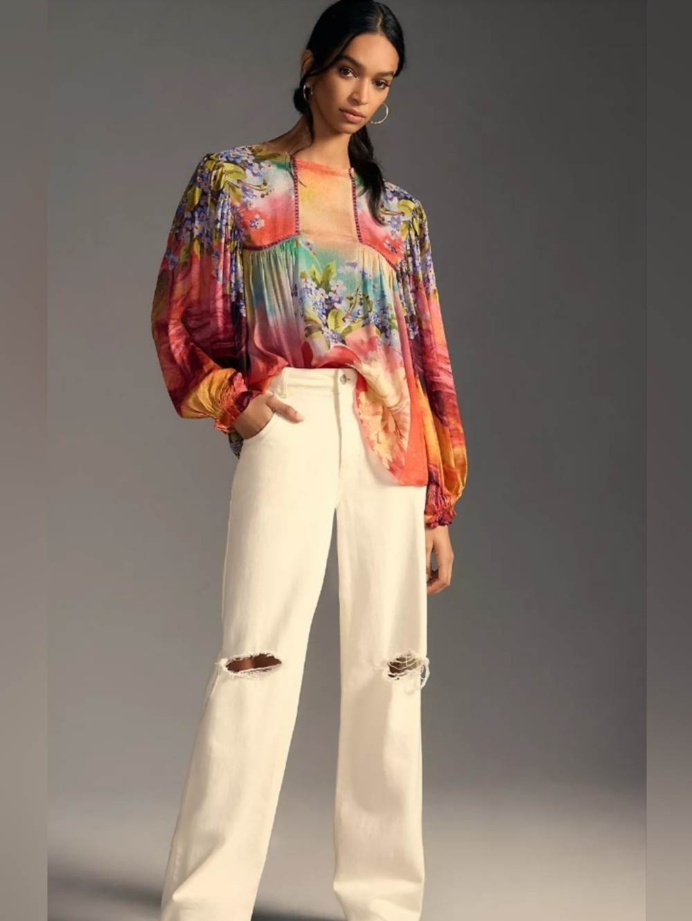 Anthropologie BL-NK Miranda Peasant Blouse XL Boho Floral Long Sleeve - Picture 2 of 15
